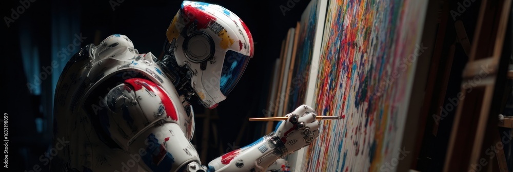 Poster robot artist creating abstract painting in a dimly lit studio during evening hours