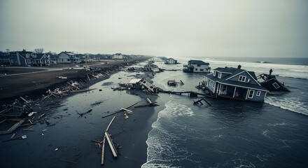 Coastal homes are flooded and destroyed by a powerful storm surge, leaving a trail of devastation and debris along the shoreline.