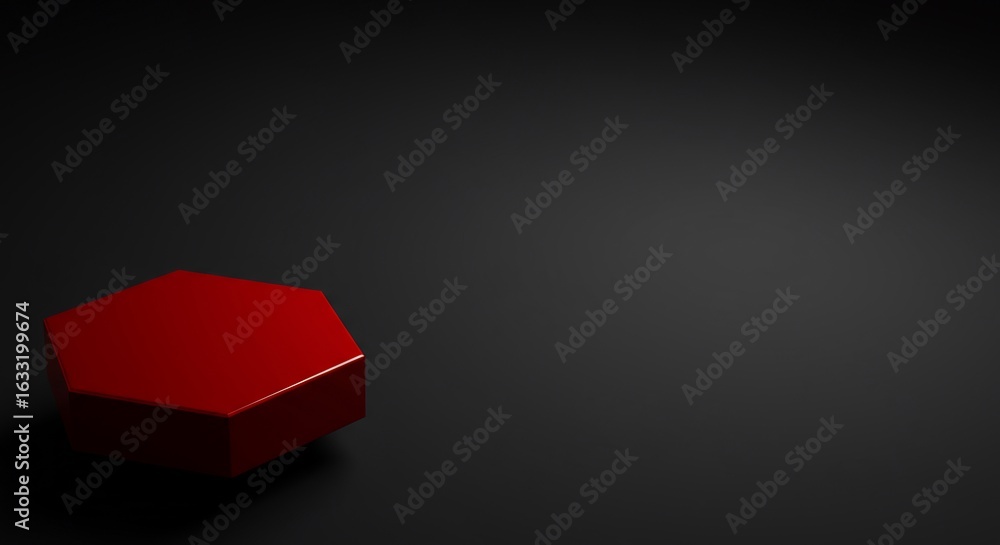 Poster minimalist scene with a single glossy red hexagonal podium on a dark black background. modern platfo