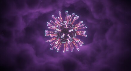 Obraz premium Detailed Microscopic View of a Coronavirus Particle, COVID-19 Virus Rendering in a Purple Cloud Background, Virus Cell Close-Up Illustration