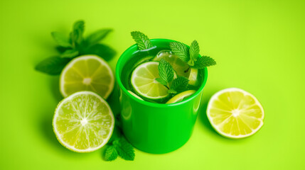 Refreshing lime juice with slices and mint leaves in a green cup on vibrant green background ideal for healthy drinks and summer beverages