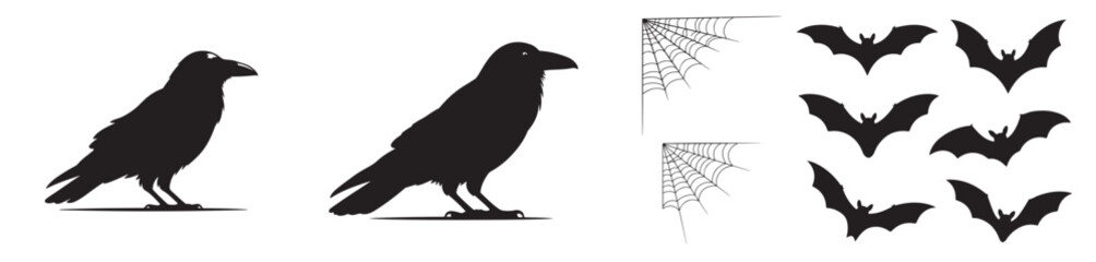 Obraz premium A halloween themed image featuring silhouettes of ravens, bats, and corner spider webs on white