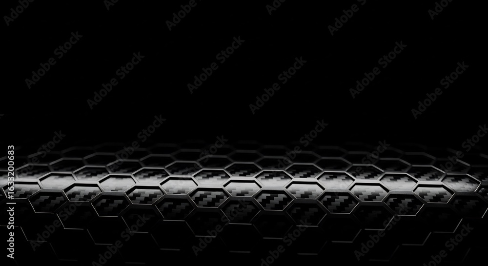 Poster perspective view of a dark carbon fiber surface with a hexagonal honeycomb pattern. sleek, modern de