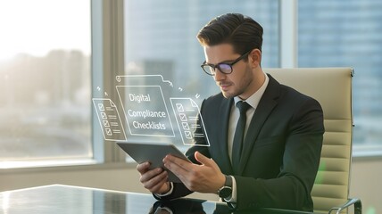 Businessman using tablet for digital compliance checklists in modern office setting near window