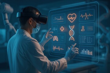 VR in Medicine: A doctor, immersed in virtual reality, explores patient data and medical imagery on a futuristic digital interface, symbolizing advanced healthcare and innovation.