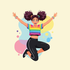 Woman Jumping with Rainbow Shirt Expresses Freedom and Happiness in Illustration