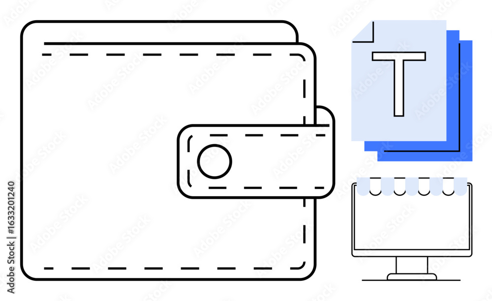 Poster wallet icon with secure clasp, layered documents, and monitor displaying digital organization. ideal
