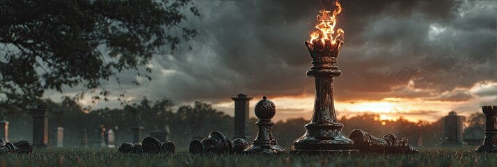 Chess pieces stand sentinel in a desolate, twilight landscape, a king ablaze