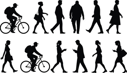 Silhouettes of people walking, cycling, commuting, using smartphones, everyday city lifestyle, urban transportation, business attire, casual pedestrians, isolated figures
