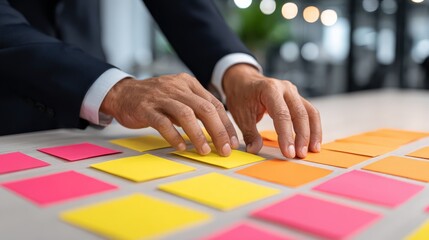Fototapeta premium An overhead perspective of a single human hand touching smooth, empty piece of paper, illustrating the potential for creation, drawing, or starting new project.