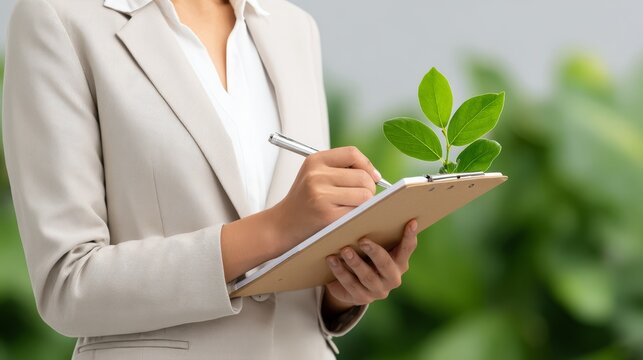 Professional botanist conducting plant research, holding a clipboard for data entry while examining small green succulent for agricultural growth and environmental science study.