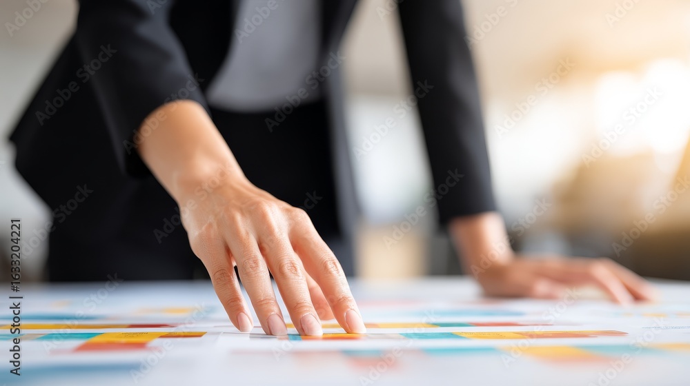 Poster a closeup view of professional's hand pointing at financial data report with colorful charts and gra