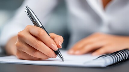 A focused woman meticulously writing down her creative ideas and business plan on blank sheet of paper with pen, outlining strategy for future success personal growth.