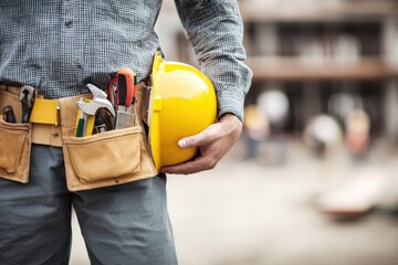 Construction worker holding a yellow hardhat and tool belt, preparing for tasks at a bustling building site, ready for action