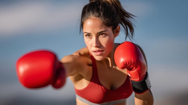 Powerful athletic woman in red boxing gloves and a sports top with determined expression, posing in fighting stance for fitness workout in dark gym setting. - Powered by Adobe