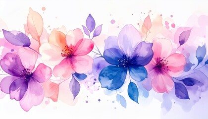 Watercolor Floral Blossom: A Serene Painting of Pink, Purple, and Blue Flowers