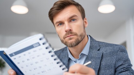 A person holding pen marks significant date on paper wall calendar for business planning, scheduling appointments, and managing project deadlines to stay organized productive.
