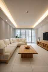 Bright, modern living room with light wood furniture