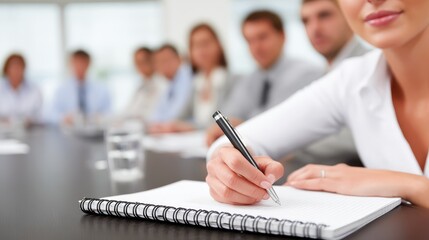 Focused professional woman taking detailed notes in a notebook during busy office meeting with diverse group of colleagues collaborating and brainstorming in the background.