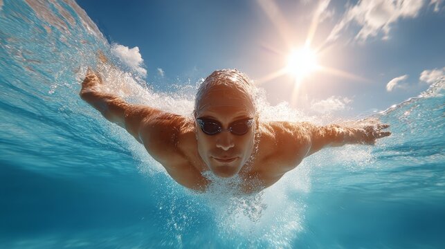 A solitary man enjoying refreshing morning swim in crystal clear blue swimming pool under the bright summer sun's rays - Powered by Adobe