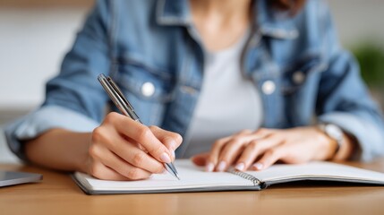 Focused woman diligently writing in a spiral notebook, capturing ideas and plans for personal growth creative journaling, moment of thoughtful reflection organization.