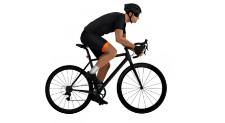 Illustration of cyclist in black outfit riding a bicycle isolated on transparent background