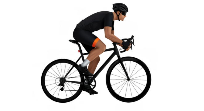 Illustration of cyclist in black outfit riding a bicycle isolated on transparent background