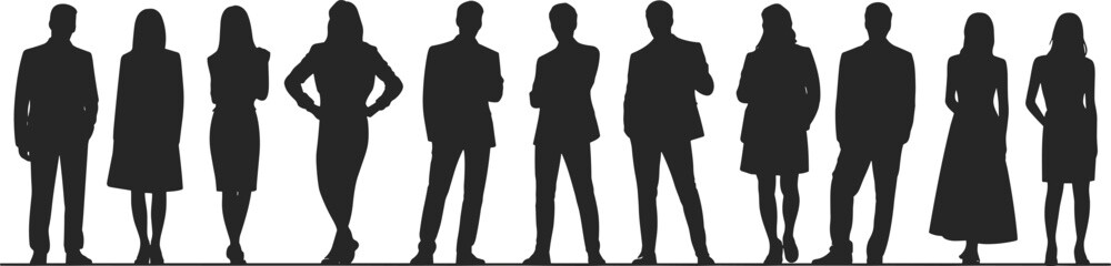 Silhouettes of diverse business people team, standing in row, professional attire, corporate group concept, isolated on white background illustration