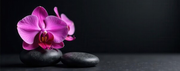 Obraz na płótnie Canvas Vibrant pink orchids and smooth grey zen stones against a matte black backdrop, wide format , photo, bloom, flower
