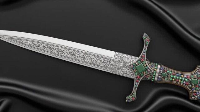 Jeweled blade rests on satin fabric