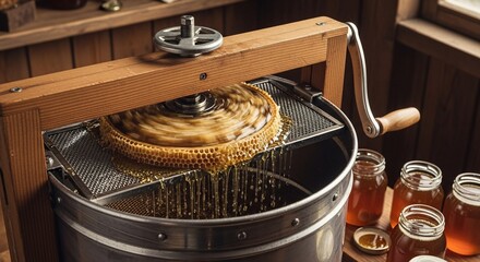Vintage wooden honey extractor in operation, with golden honey dripping into a metal drum, surrounded by jars of honey.