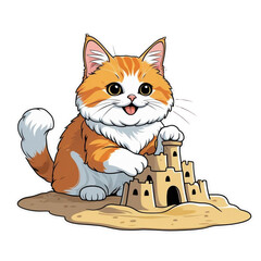 Cute Persian-Scottish Fold cat building a sandcastle