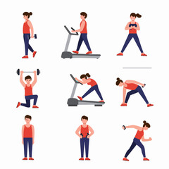 Flat vector illustrations depicting various fitness exercises including weightlifting, cardio, and stretching, showcasing healthy and active lifestyles for men and women.