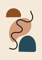 abstract art with curved line. blue, pink, brown, beige, black. organic shapes. minimalist illustration, curves, light background, decoration