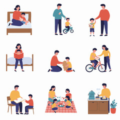 Daily family activities showing parents and children bonding, learning, and having fun together at home and outdoors.