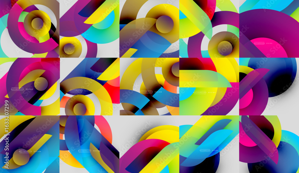 Poster abstract colorful shapes overlap creating dynamic visual pattern. bright gradients, curves dominate 