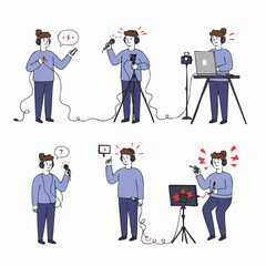 Illustrations of a content creator experiencing various technical difficulties with recording and broadcasting equipment.