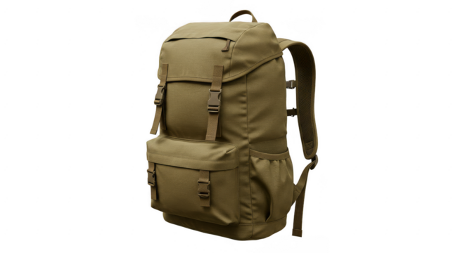 Illustration of khaki backpack isolated on transparent background, a durable bag for hiking