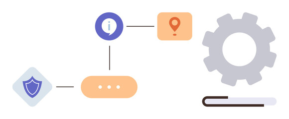 Geometric shapes and icons linked by a flowchart pathway, representing security, navigation, and functionality. Ideal for process, analytics, networking, operations, automation technology workflow