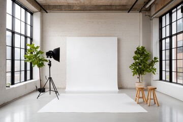 Bright and Spacious Photo Studio with White Backdrop and Green Plants for Creative Photography Sessions