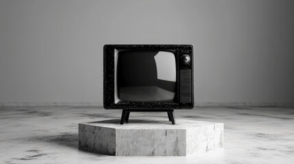 Retro Style Vintage Television Set on a Concrete Pedestal in Minimalist Decor for Modern Room Design