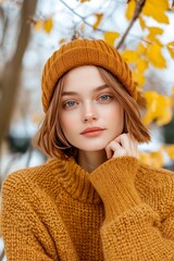 Young woman in mustard sweater and hat, posing outdoors among autumn leaves, looking serene and contemplative