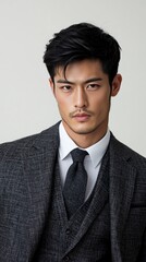 Handsome Asian male model in stylish gray suit with confident expression against neutral background