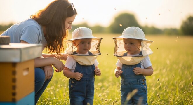 Two young children wearing beekeeping protective gear stand in a field near a beehive, observed by a woman, with bees flying around them.