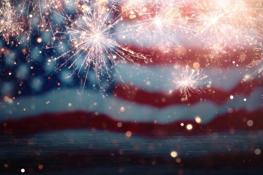 Firework display celebrating United States Independence Day with a blurred flag in background and a wooden surface in the foreground
