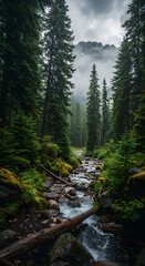 Majestic mountain forest landscape with a tranquil stream flowing through dense green trees under a cloudy sky.