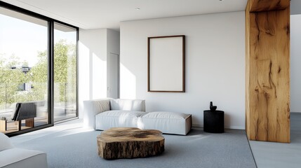 Modern minimalist living room with large windows, natural light, cozy furniture, and wooden decor elements