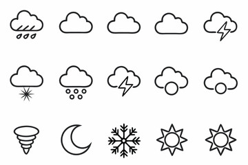 Collection of simple black weather icons on white background for various forecasts
