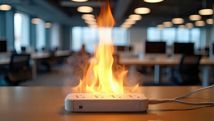 A damaged power strip ignites fire, electrical malfunction causes fire hazard, modern office background - burning flames and dangerous situation concept 
