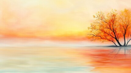 Serene Autumn Sunset Over Calm Water with Vibrant Orange and Yellow Hues in a Tranquil Landscape